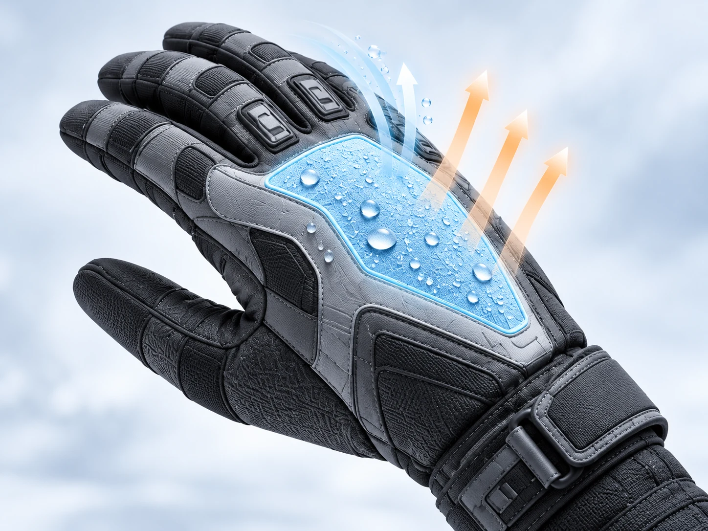 Outdoor glove concept with a selected special-membrane zone: blue flow stays outside while warm-coloured moisture vapour moves out