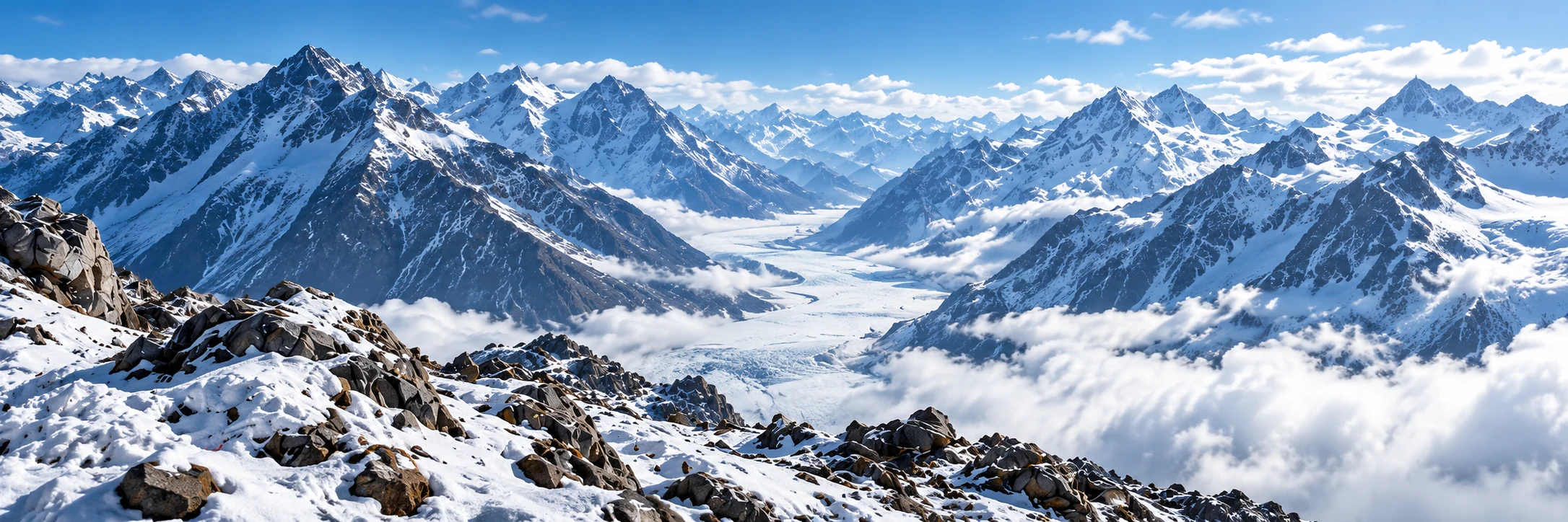 A glacier winding through a vast snowy mountain valley