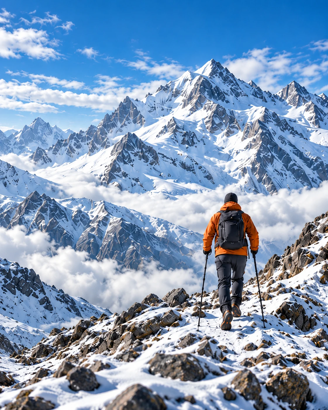 Hiker in an orange jacket crossing a snowy alpine ridge beneath sunlit peaks