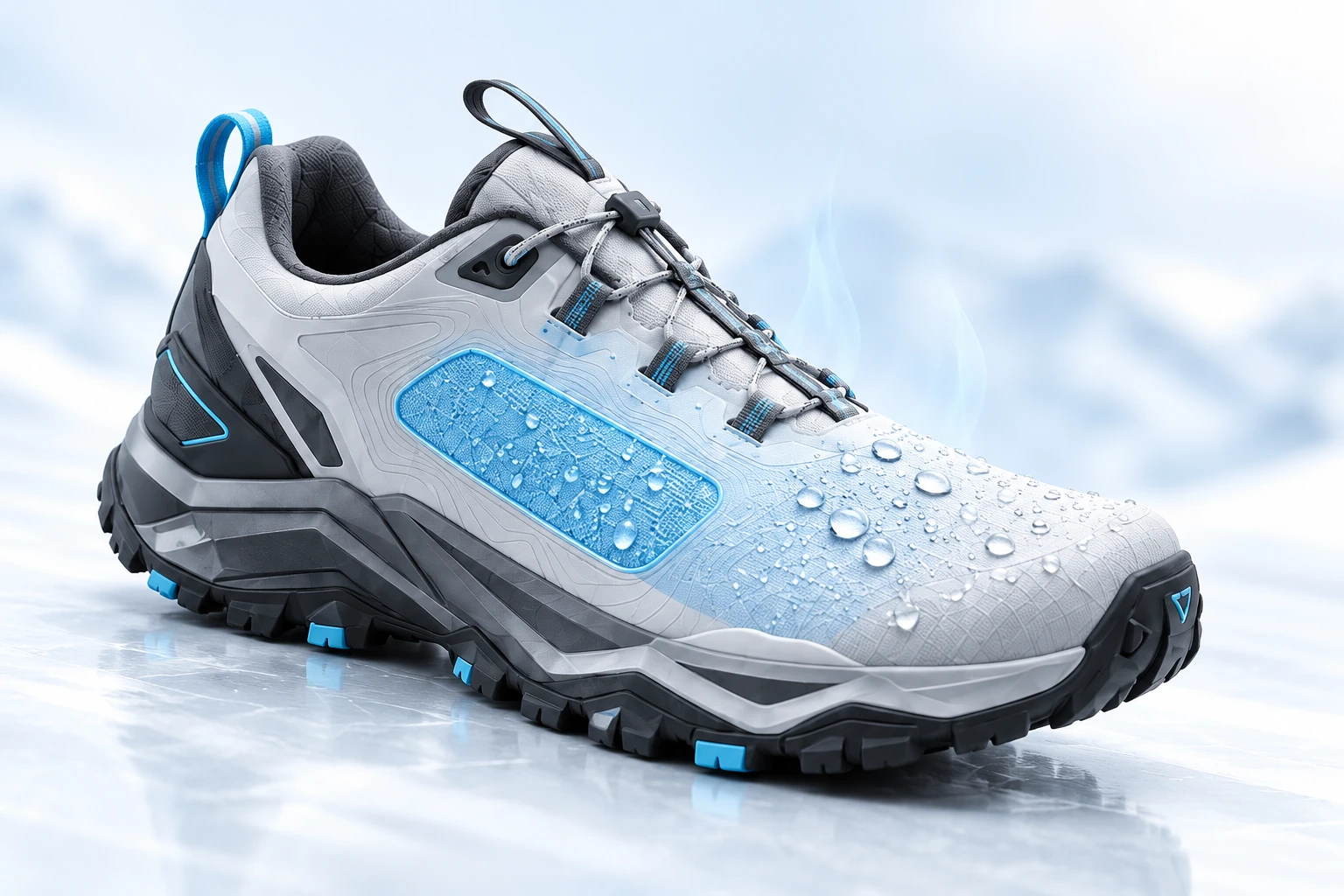 Technical outdoor footwear concept with water beading on its grey and cyan upper